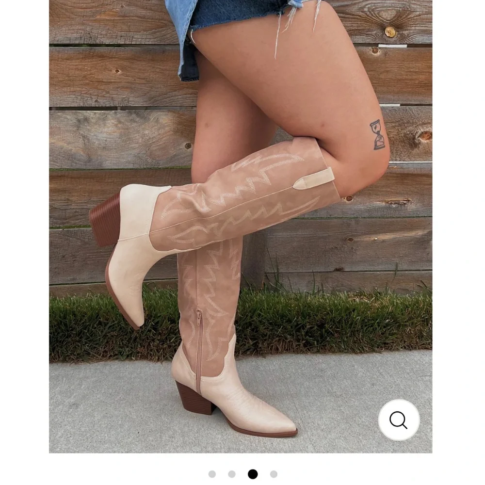 Stylish Tan Knee-High Cowboy Boots - Picture 1 of 3